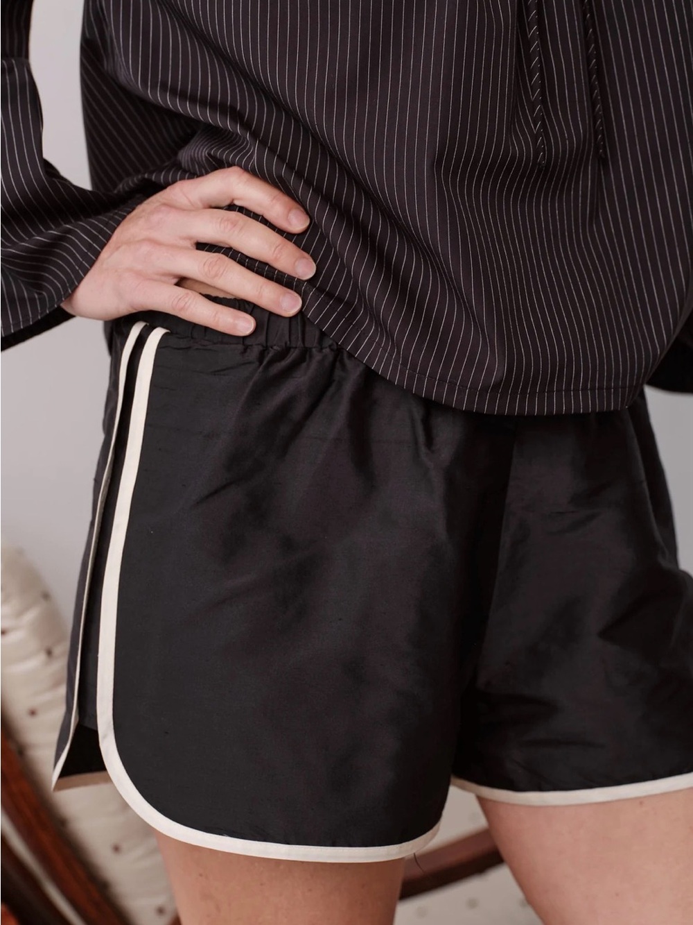 DONNI The Silk Taffeta Racer Stripe Short in Jet - Picture 2 of 7